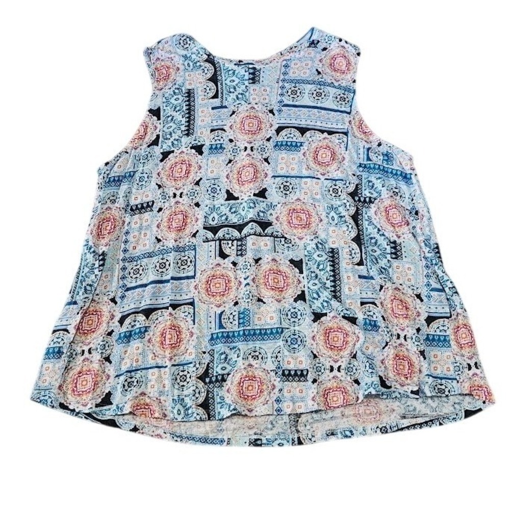 J. Jill Love Linen Tank Top Women XL Blue Pink Medallion Tile Print Sleeveless